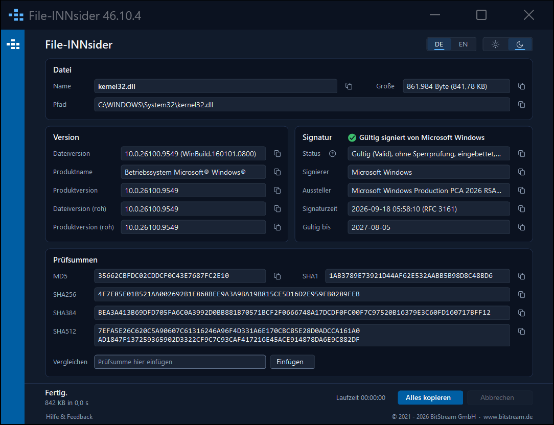 File-INNsider in the dark colour scheme with the same file kernel32.dll