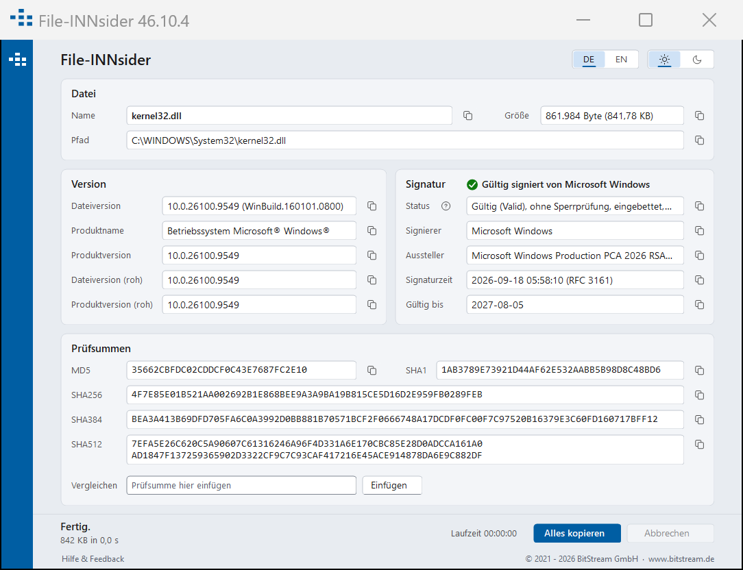 File-INNsider showing the file version, a valid Microsoft Windows signature and the checksums MD5 to SHA-512 for kernel32.dll