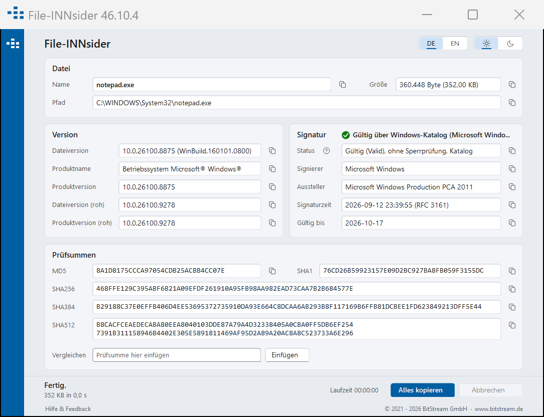 File-INNsider showing a valid signature through the Windows catalog for notepad.exe