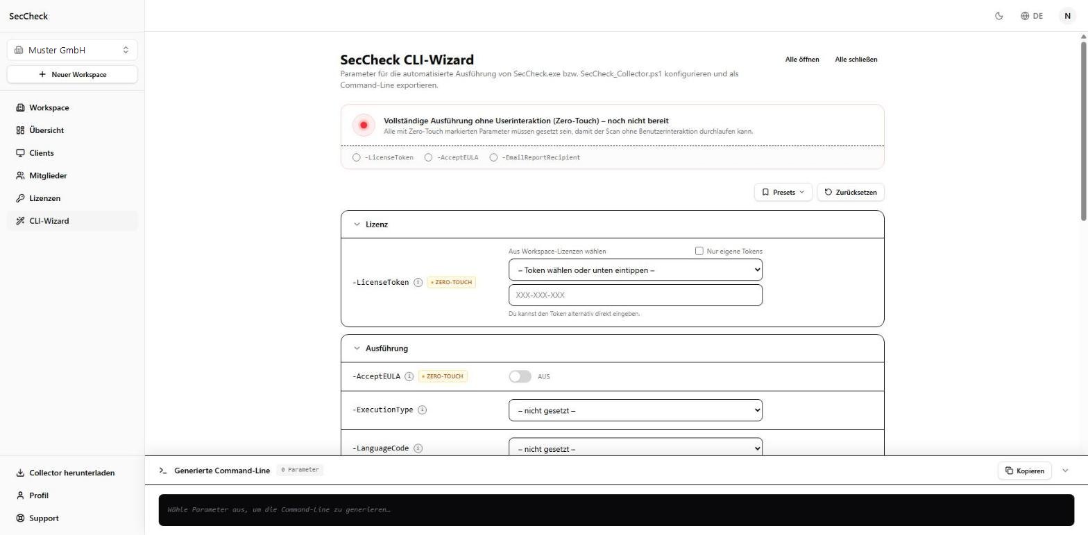 SecCheck CLI-Wizard im Portal: Parameter für Lizenz-Token, AcceptEULA, ExecutionType, LanguageCode und die Zero-Touch-Prüfung, unten die erzeugte Kommandozeile