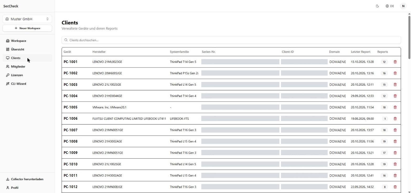 Client-Liste im SecCheck-Portal: Gerät, Hersteller, Systemfamilie, Seriennummer, Client-ID, Domäne, letzter Bericht und Anzahl der Berichte je Gerät