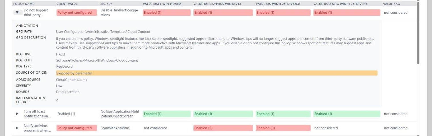 Aufgeklappte Richtlinie im Bericht: GPO-Pfad, GPO-Beschreibung, Registry-Hive HKCU, Registry-Pfad Software\Policies\Microsoft\Windows\CloudContent, Typ RegDword, ADMX-Quelle CloudContent.admx, Schweregrad, Board und Umsetzungsaufwand