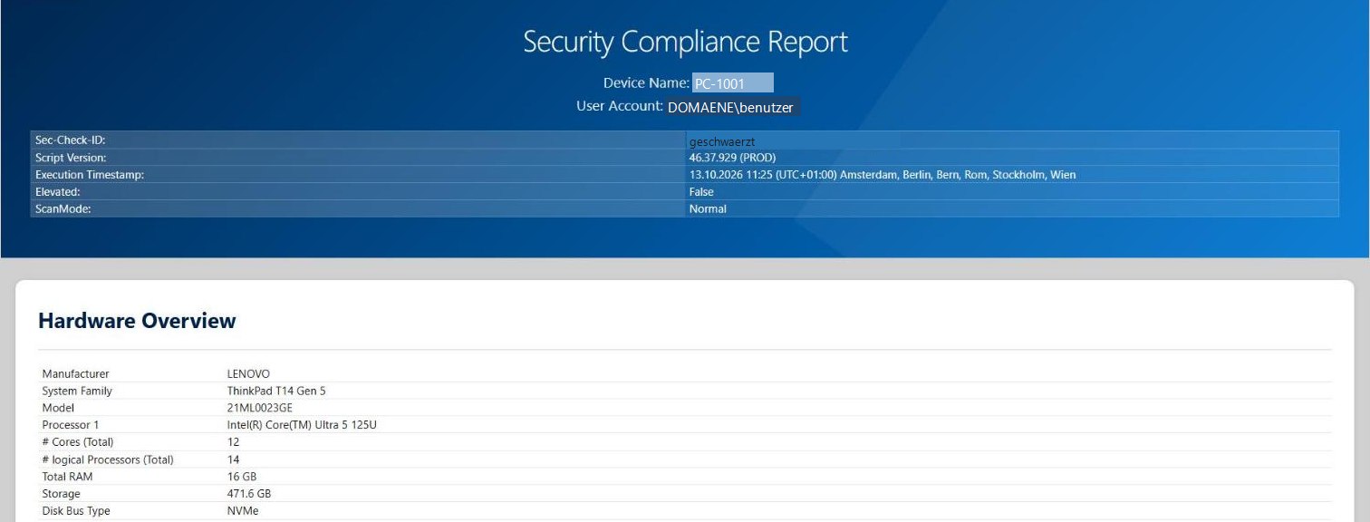 Kopf eines Security Compliance Report mit Sec-Check-ID, Skriptversion, Zeitstempel, Scan-Modus und Hardware-Übersicht