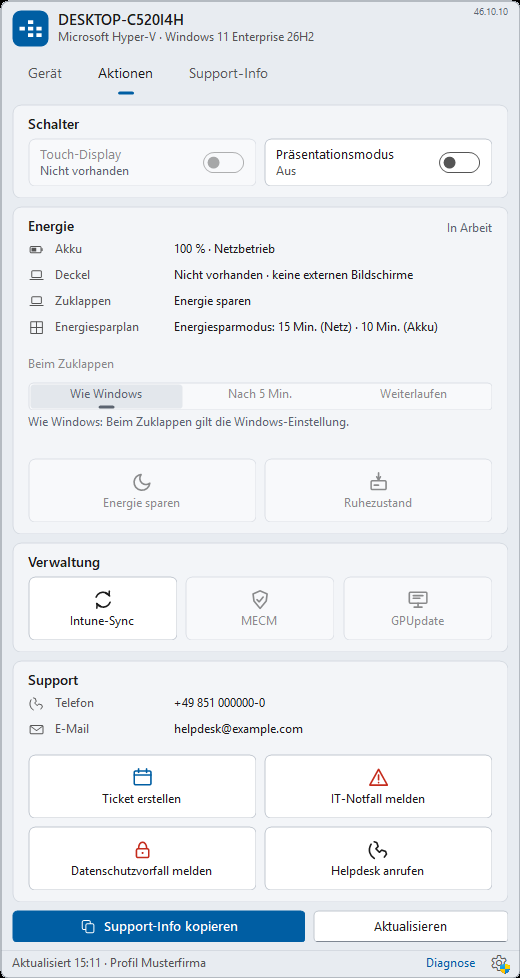 Win-INNsider, Reiter Aktionen im hellen Schema: Schalter, Energie, Verwaltung und Support-Kacheln