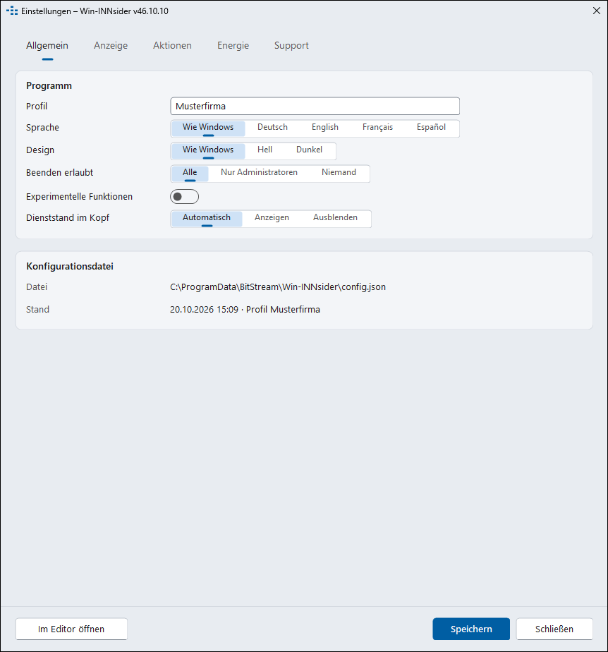 Win-INNsider, Einstellungsfenster mit den Reitern Allgemein, Anzeige, Aktionen, Energie und Support: Profil, Sprache, Design, Beenden erlaubt, experimentelle Funktionen, Dienststand