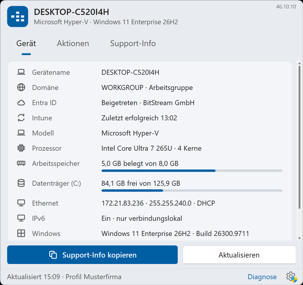 Win-INNsider, Reiter Gerät: Gerätename, Domäne, Entra ID, Intune, Modell, Prozessor, Arbeitsspeicher, Datenträger, Ethernet, IPv6 und Windows-Version